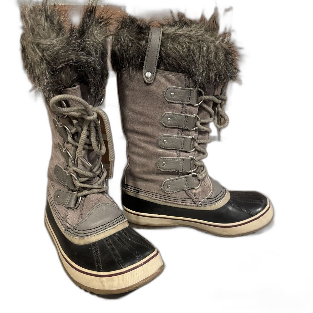 Sorel Joan of Arctic Tall Snow Boots Waterproof Leather Fur Trim Gray Women sz 6